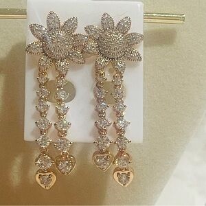 Rose Gold Tone Floral Drop Earrings with Heart Charm for women.